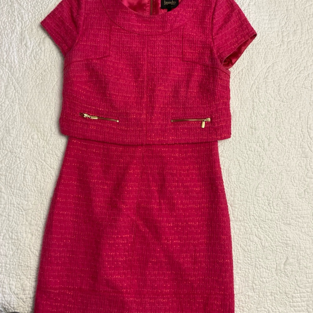 Laundry By Shelli Segal Hot Pink Tweed Two-Piece Dress Set with Gold Zippers